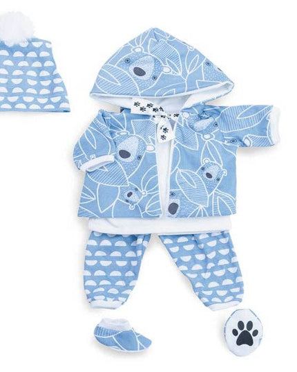 Baby outfit set with blue and white patterned jacket, pants, hat, and booties on a white background