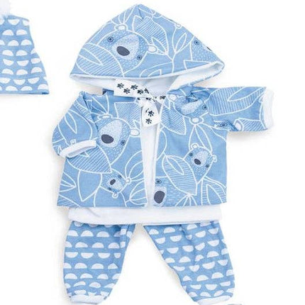 Baby outfit set with blue and white pattern on a white background