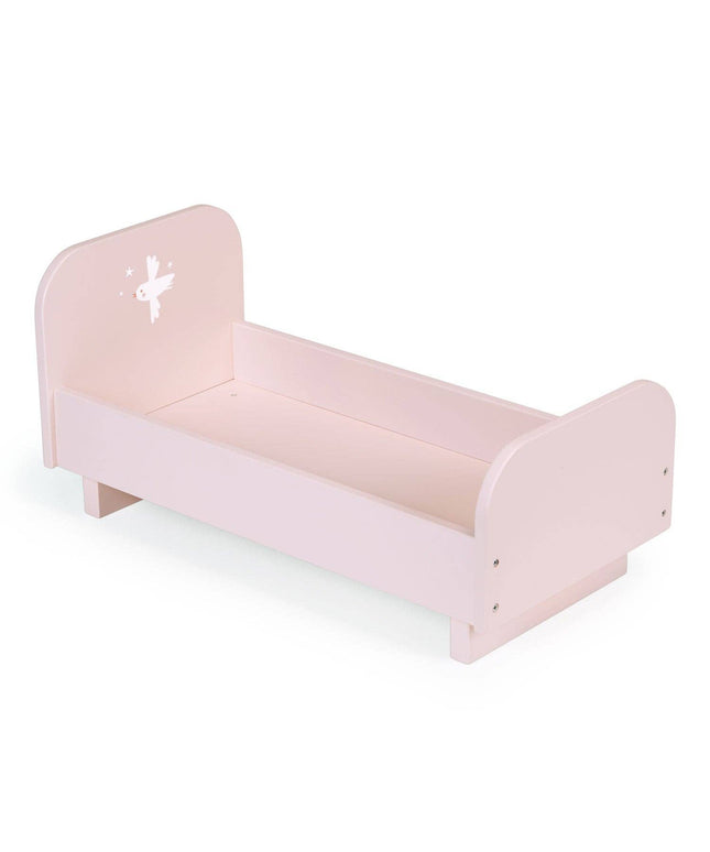 Pink children's bed with a white star design on a white background