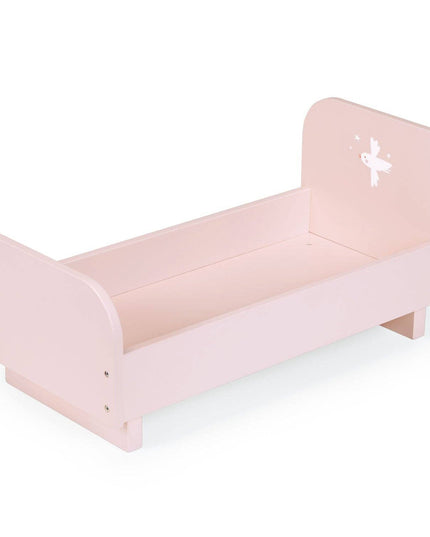 Pink children's bed with white mattress on a white background