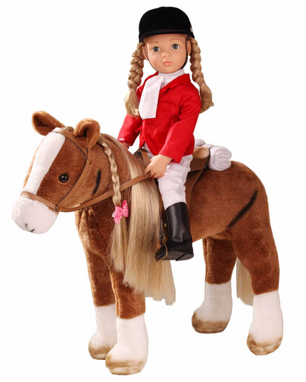 Doll in equestrian outfit sitting on a plush horse with a white background