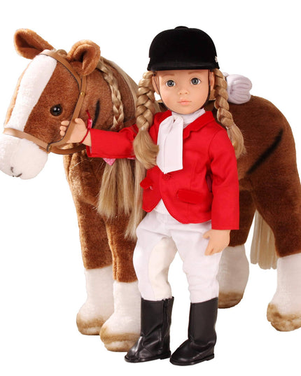 Doll in equestrian outfit with a toy horse on a white background