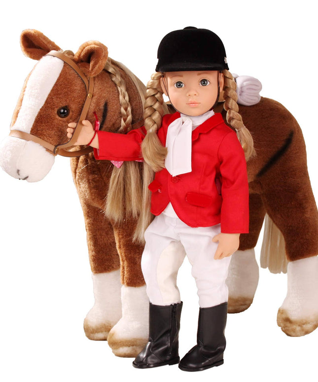 Doll in equestrian outfit with a toy horse on a white background