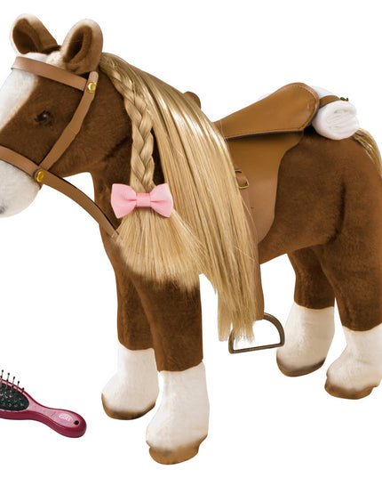 Plush toy horse with a pink bow and bridle, accompanied by a hairbrush on a white background.