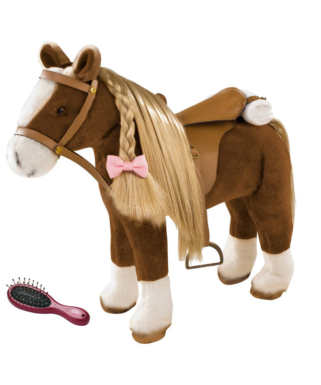 Plush toy horse with a pink bow and bridle, accompanied by a hairbrush on a white background.
