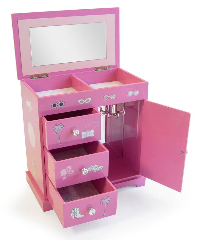 Pink jewelry box with mirror and drawers on a white background