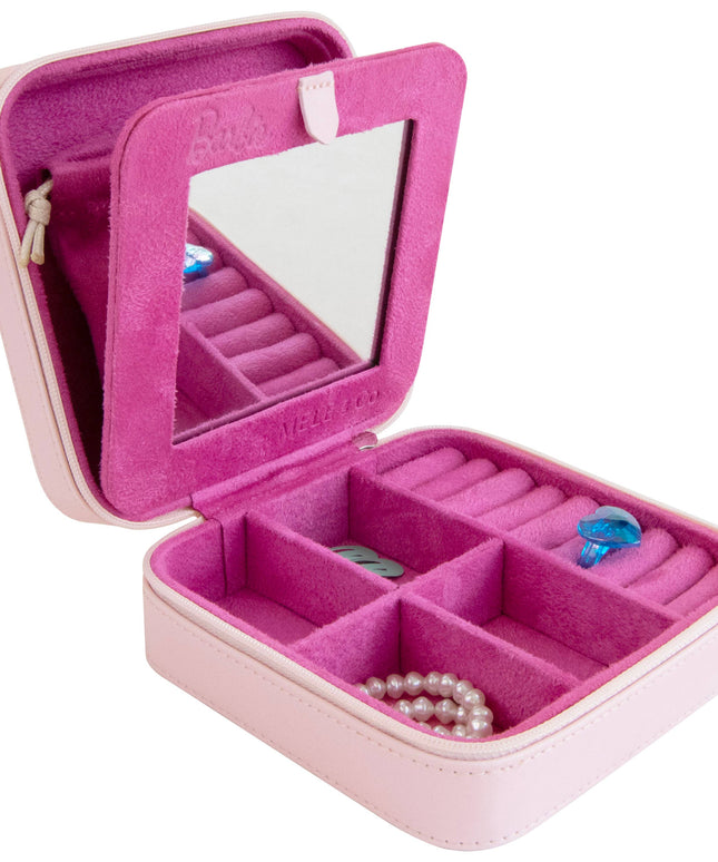 Pink jewelry box with mirror lid and compartments for jewelry