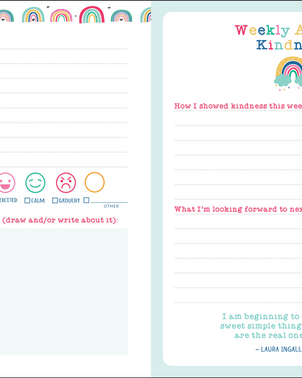 Weekly Acts of Kindness journal with colorful design and prompts on a light blue background