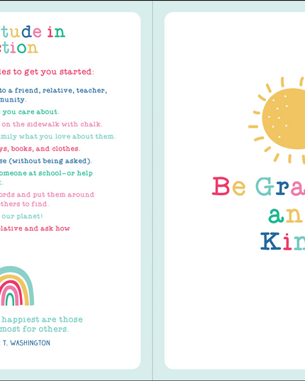 Open book with gratitude-themed content and illustrations on a light blue background