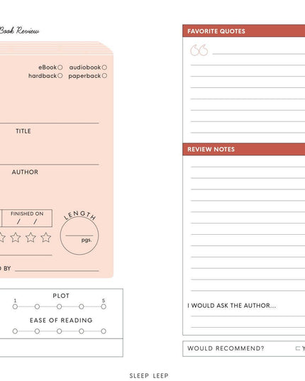 Book review form with various sections for reading notes and feedback on a white background.