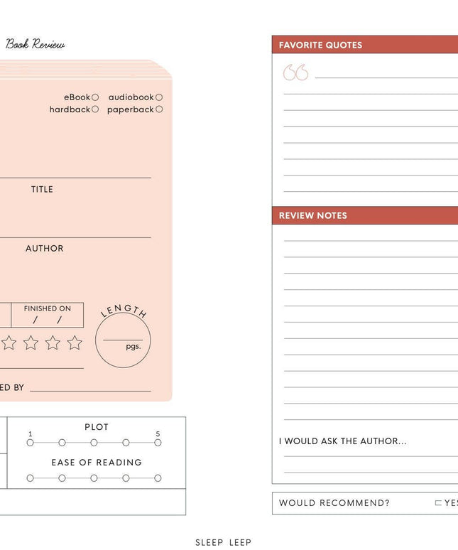 Book review form with various sections for reading notes and feedback on a white background.