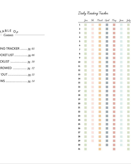 Table of contents for a daily reading tracker book with a white background.