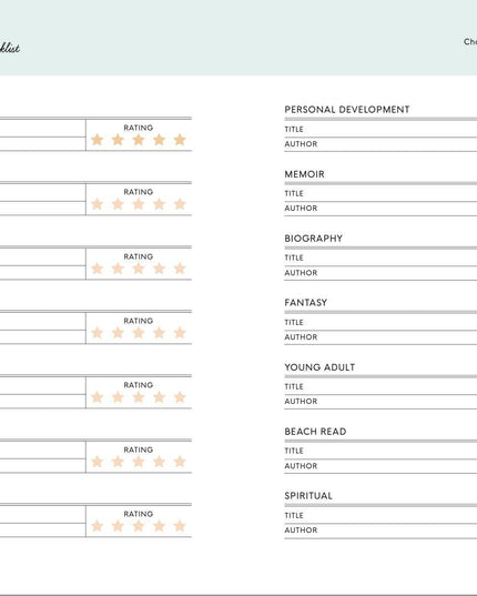 Reading checklist with genres and fields for book titles, authors, and ratings on a light blue background.
