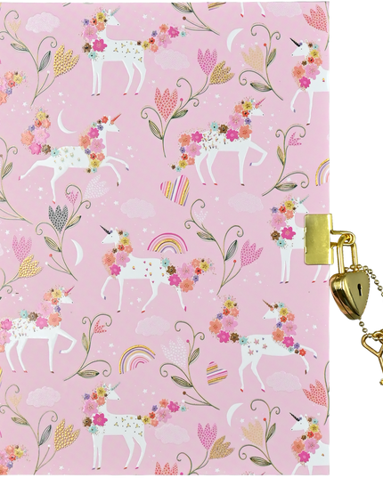 Notebook with unicorn and floral pattern on pink cover, featuring a gold lock and key.