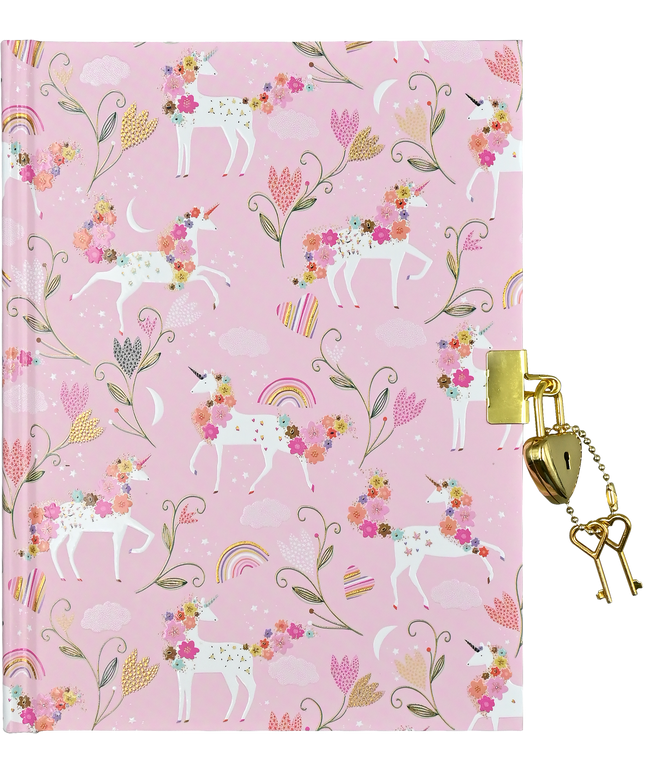 Notebook with unicorn and floral pattern on pink cover, featuring a gold lock and key.