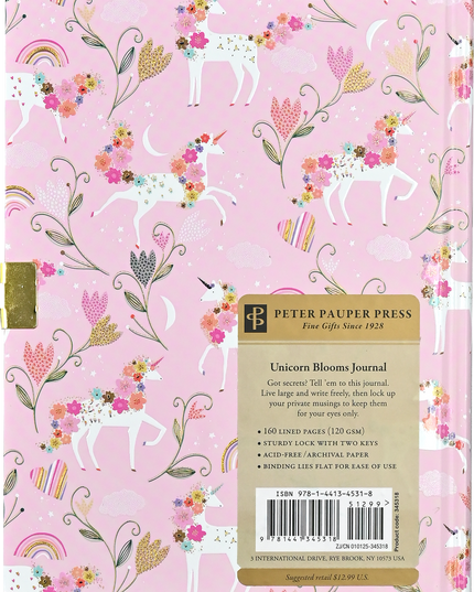 Back cover of a journal with unicorn and floral design on a pink background
