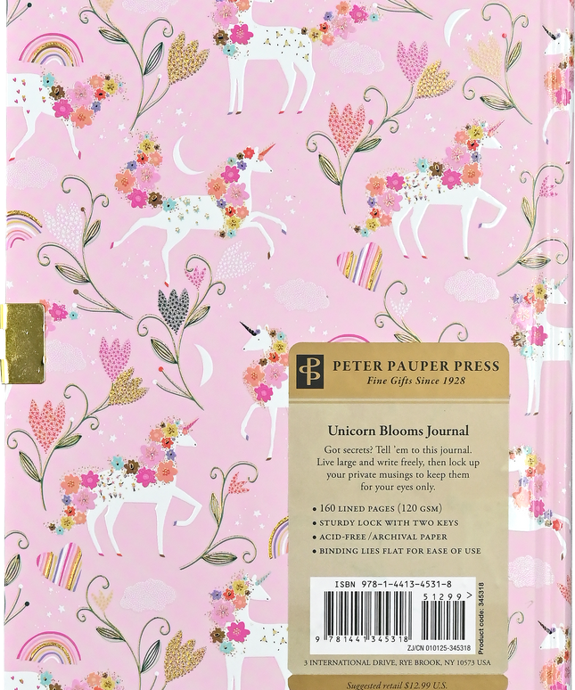 Back cover of a journal with unicorn and floral design on a pink background