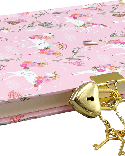 Pink notebook with floral design and gold lock on a white background
