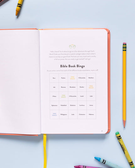 Open book with 'Bible Book Bingo' game on a light blue background with colorful pencils.