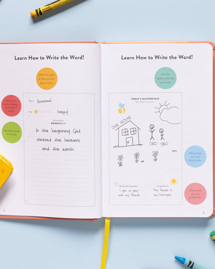 Open book with educational content on a light blue background with crayons around