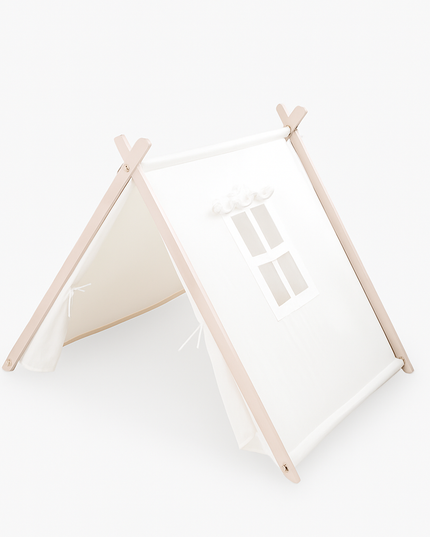 White teepee tent with wooden poles on a white background