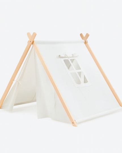 White children's teepee with wooden poles on a white background