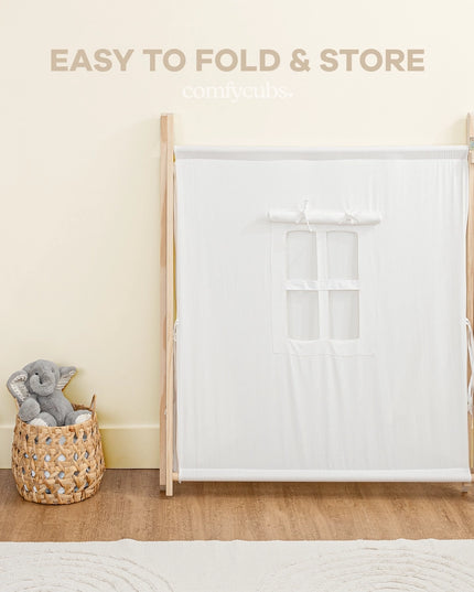 White Tent with wooden frame on a beige floor with text 'Easy to Fold & Store'.