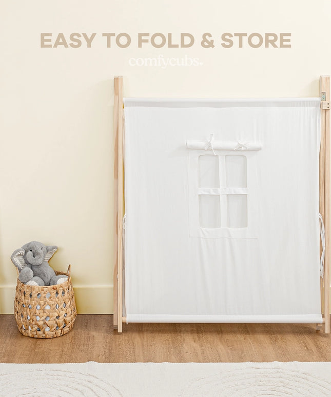 White Tent with wooden frame on a beige floor with text 'Easy to Fold & Store'.