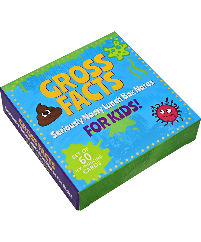 Box of 'Gross Facts' lunch box notes for kids with colorful design and text.