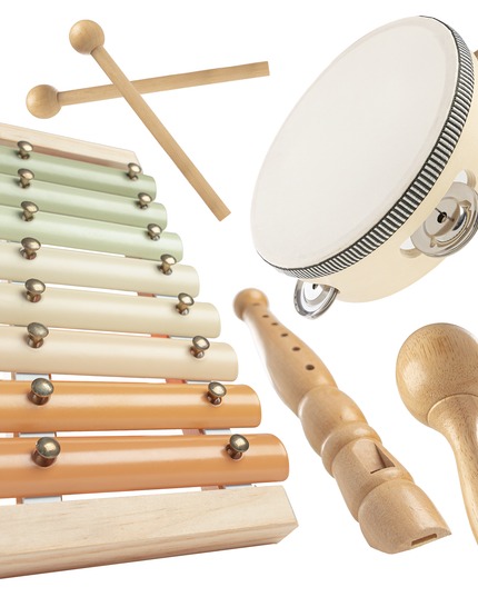 Set of wooden musical instruments including xylophone, tambourine, and maracas on a white background