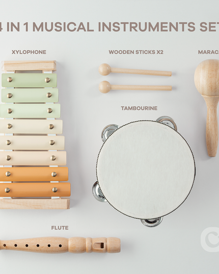 Set of 4-in-1 musical instruments including xylophone, wooden sticks, tambourine, and maraca on a light gray background.