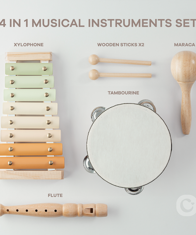 Set of 4-in-1 musical instruments including xylophone, wooden sticks, tambourine, and maraca on a light gray background.