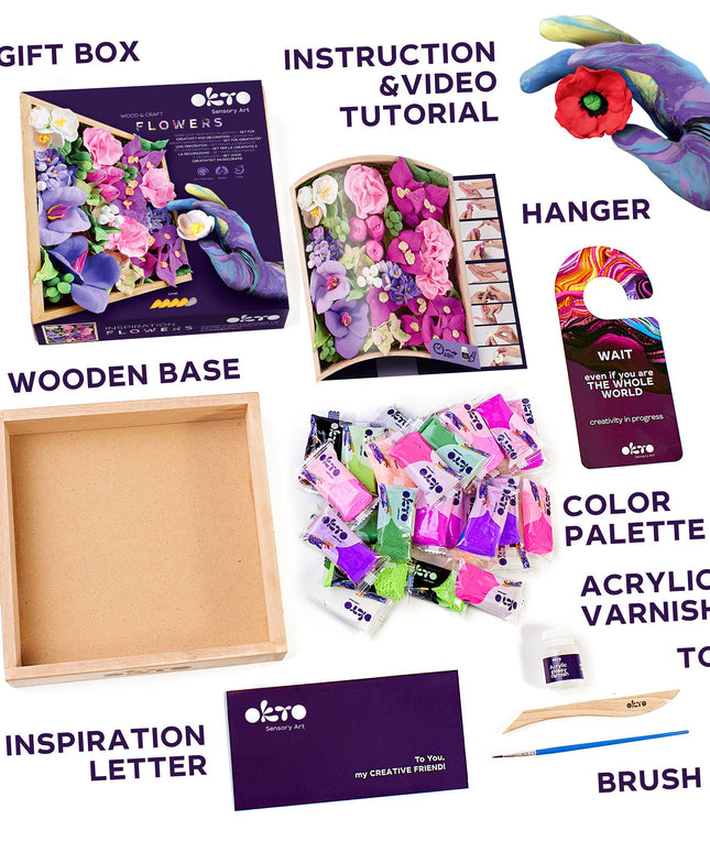 Collage of art supplies including a gift box, wooden base, acrylic varnish tool, brush, color palette, and more.