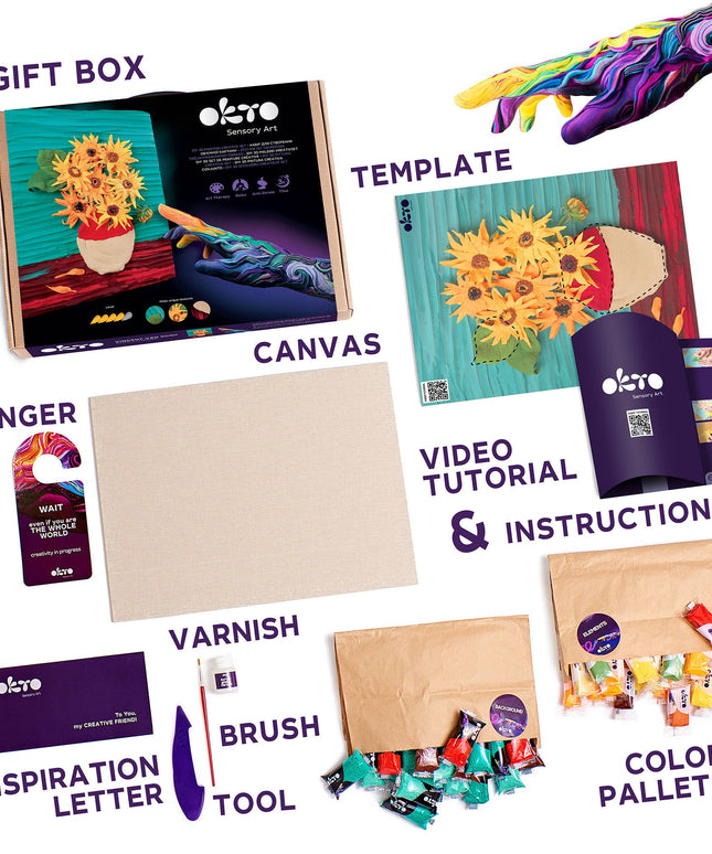 Collage of art supplies including a gift box, canvas, hanger, video tutorial, and more, with 'oktro' branding.