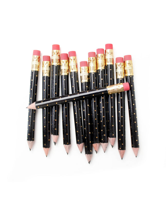 Set of black pencils with gold accents and pink erasers on a white background