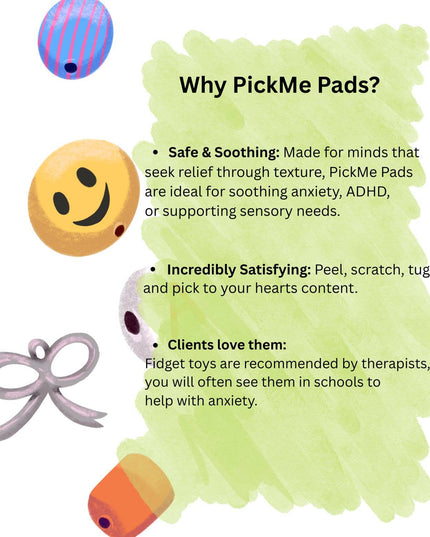 Promotional image for PickMe Pads with text and colorful illustrations on a white background.