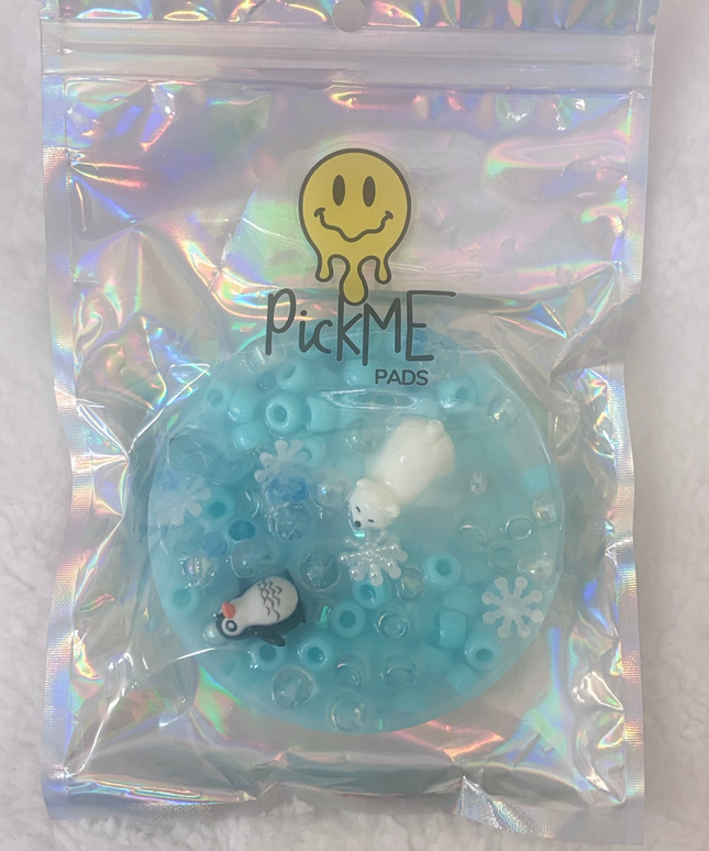 Packaged product with a smiley face logo and snowflake design on a textured white background