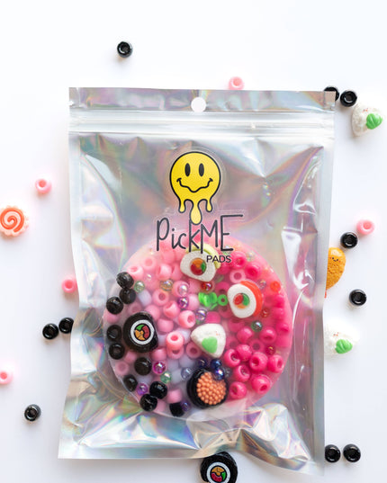 Packaged craft supplies with colorful beads and a 'Pick Me' brand logo on a white background.