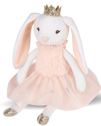 Plush toy rabbit in a pink dress with a gold crown on a white background