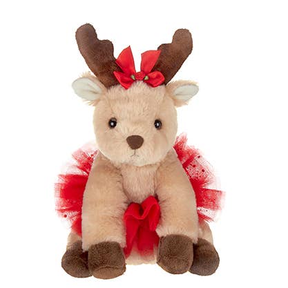 Plush deer toy with red bow and skirt on a white background