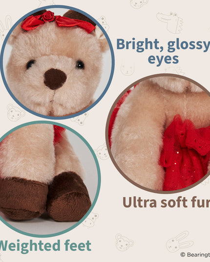 Bearington teddy bear with red bow, close-ups of eyes, fur, and feet on a light background.