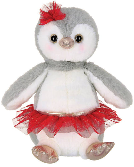 Plush penguin toy with a red skirt and bow on a white background