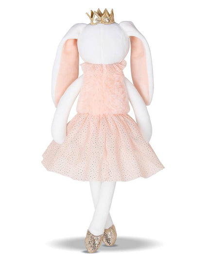 Plush rabbit toy wearing a pink dress, white shoes, and a gold tiara on a white background