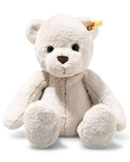 White teddy bear with a visible brand logo on a white background