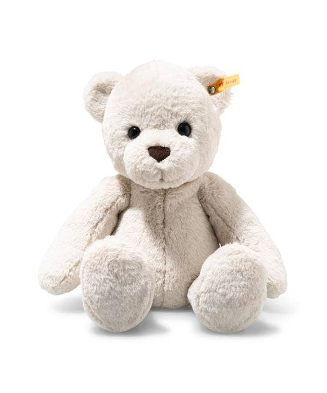 White teddy bear with a visible brand logo on a white background