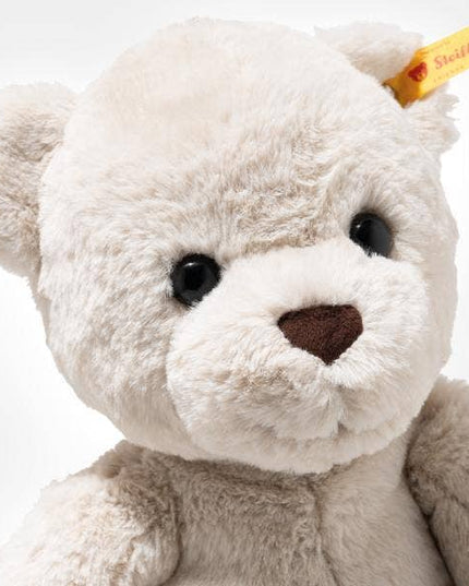 White teddy bear with a brown nose and black eyes on a white background