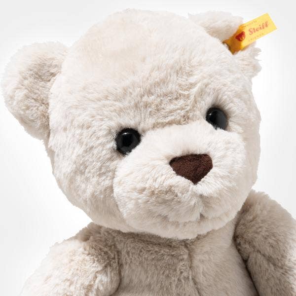 White teddy bear with a brown nose and black eyes on a white background