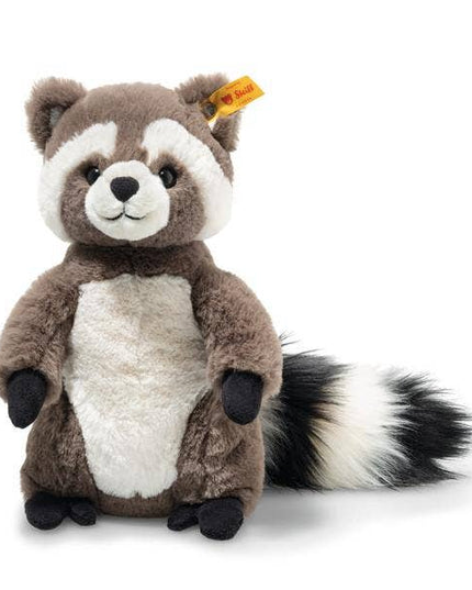 Plush raccoon toy with a white belly on a light background
