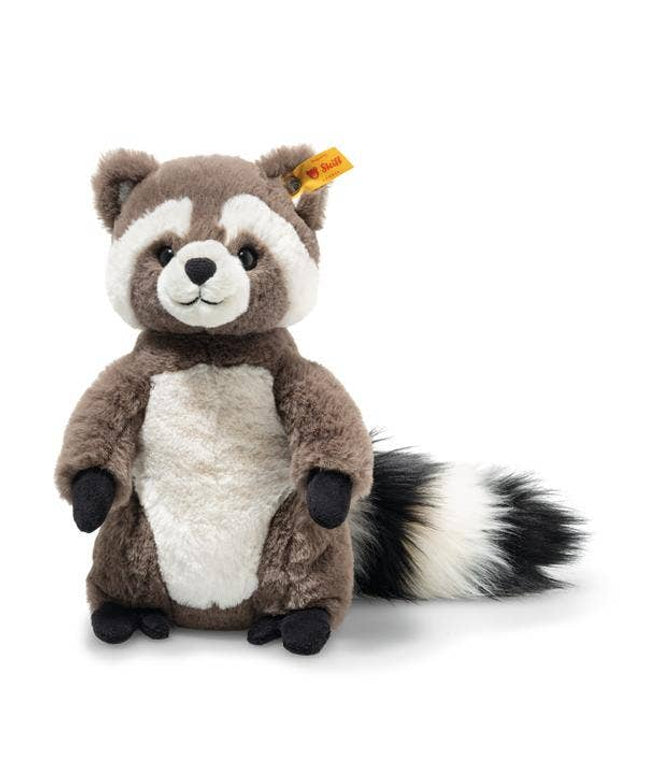 Plush raccoon toy with a white belly on a light background