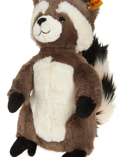 Plush toy raccoon with a yellow tag on a white background